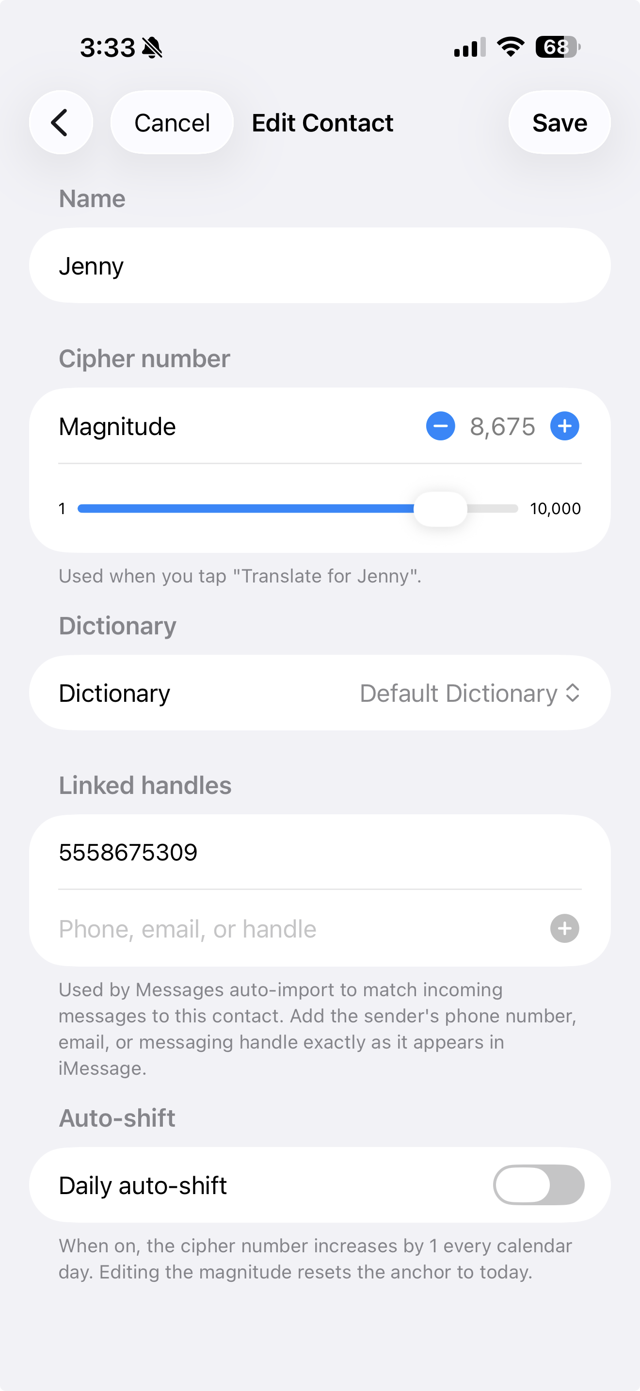 A contact's Linked handles section with one or more phone numbers added