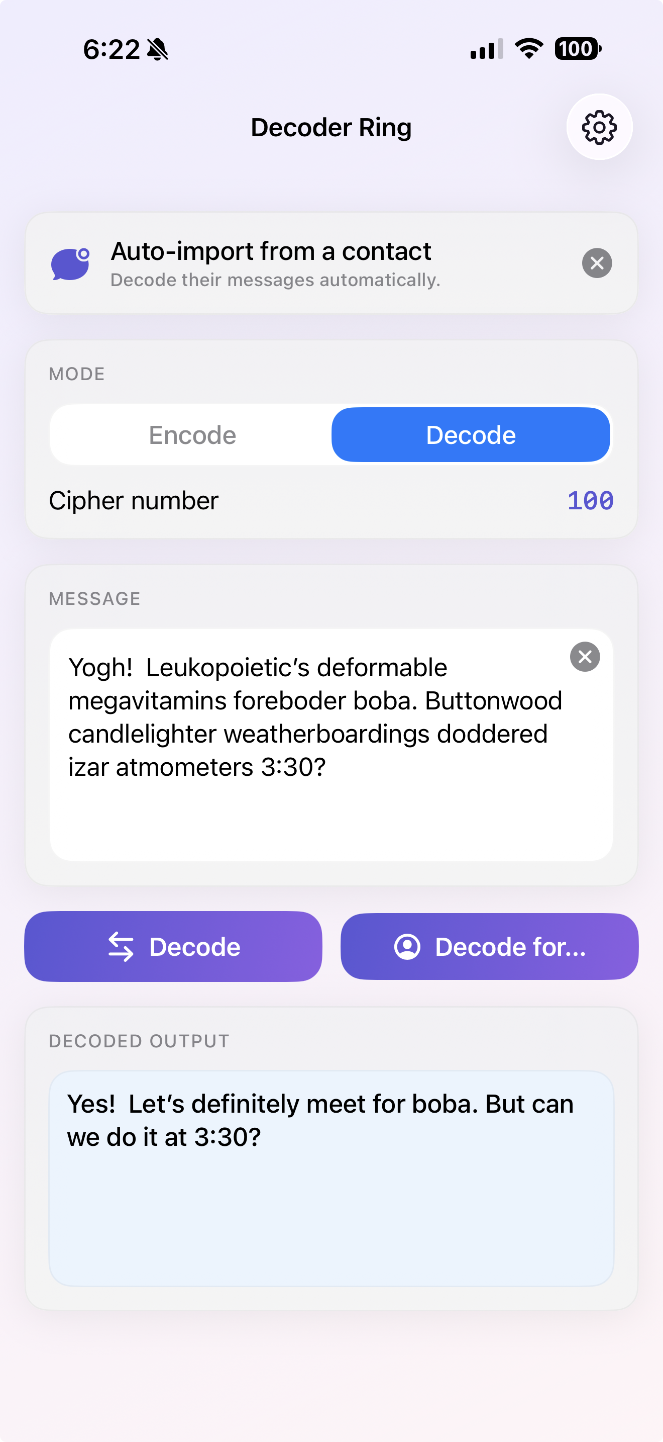 Decoder Ring main screen, decode mode