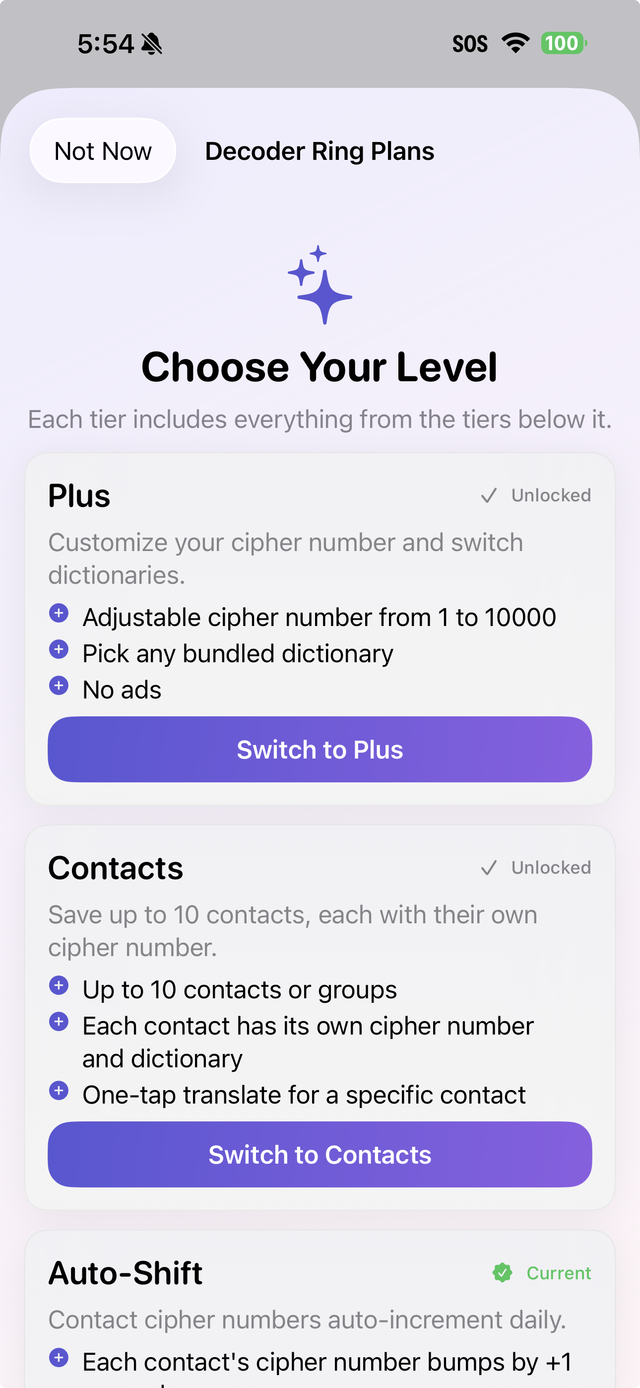 Decoder Ring tier picker inside the app